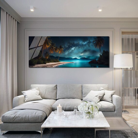 Tempered Glass Wall Art-Panoramic Wall Art-Glass Printing-Extra Large Wall Art-Mega Size Panoramic Print-Night Beach Wall Art-Tropical Beach