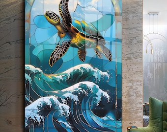 Sea Turtle Stained Look Glass Wall Art, Ocean Home Decor