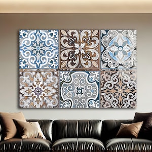 Mediterranean Tile Glass Wall Art, Terracotta and Blue Ceramic Pattern Tempered Glass Print, Spanish Azulejo Wall Decor, Kitchen Wall Art
