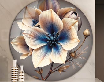 Blue Cream Flower Round Tempered Glass Wall Art, Luxury 3D Effect Floral Wall Decor, Large Round Living Room Bedroom Hanging