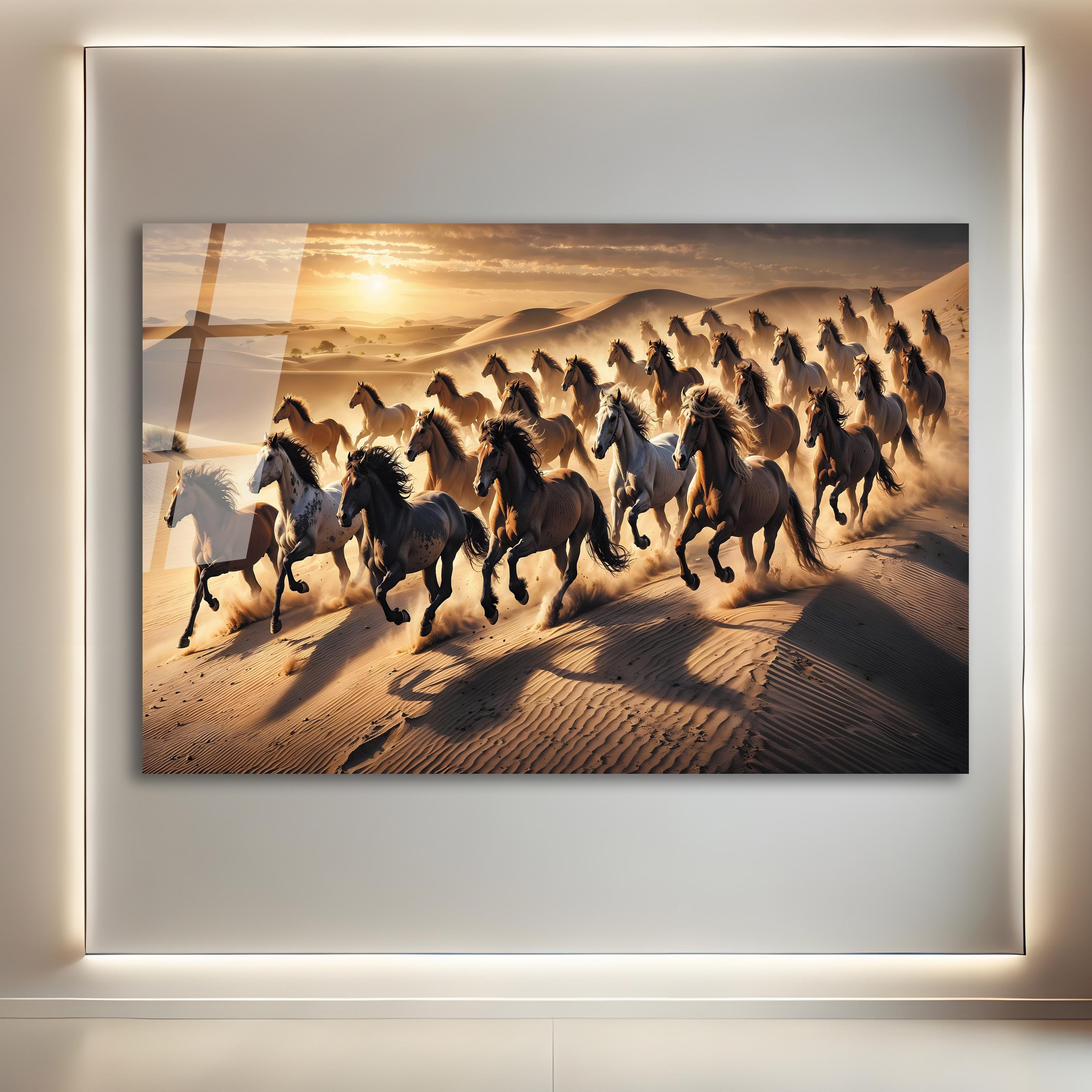 クリスタル　Running Horse Lucky 7 Running Horses Glass Printing Wall Art - Tempered Glass