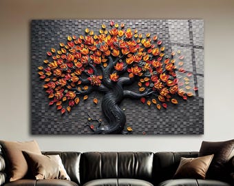Tempered Glass Wall Art, Autumn Tree of Life Glass Print, Gray Mosaic Background Wall Decor, Large Living Room Bedroom Hanging
