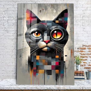 Gato abstracto - Arte mural de vidrio templado - Decoración del hogar - Decoración de pared - Escultura de pared - Diseño de interiores - Regalo de cumpleaños - Arte abstracto