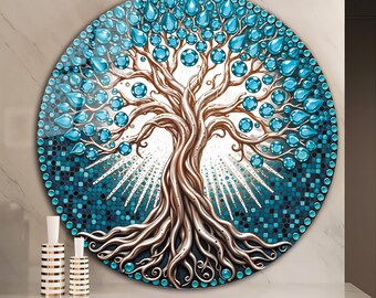 Blue Stained Look Glass Tree of Life Print, Mosaic Style Jade Money Tree Decor, Living Room Office Hanging, Round Tempered Glass Wall Art