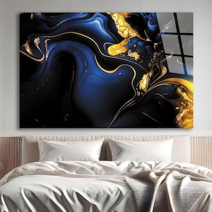 Blue Gold Abstract Marble Tempered Glass Wall Art, Blue Gold Marble Glass Wall Decor, Abstract Marble Glass Wall Hanging, Ready to Hang