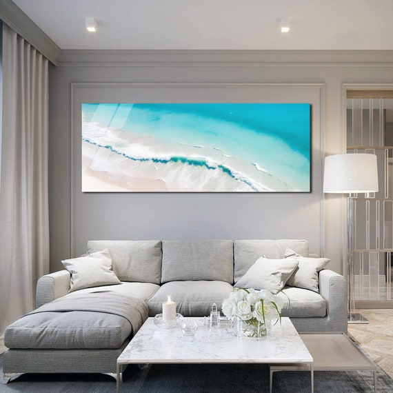 Tempered Glass Wall Art-Panoramic Wall Art-Home Decor-Ocean Wave Wall Art Gifts for her-Sea Waves Art-Blue Abstract Wall Art-Ocean Glass Art