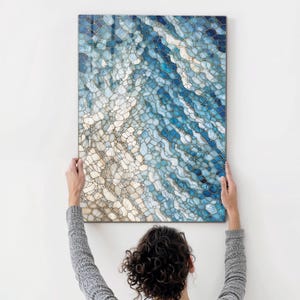 Glass Wall Art Ocean Tempered Glass Art Sea Wave Wall Hanging Blue Water Decor Large Wall Art