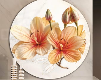 Circle Peach Cream Lily Glass Print, Round Tempered Glass Wall Art, Luxury Soft Floral Wall Decor, Large Round Bedroom Living Room Hanging
