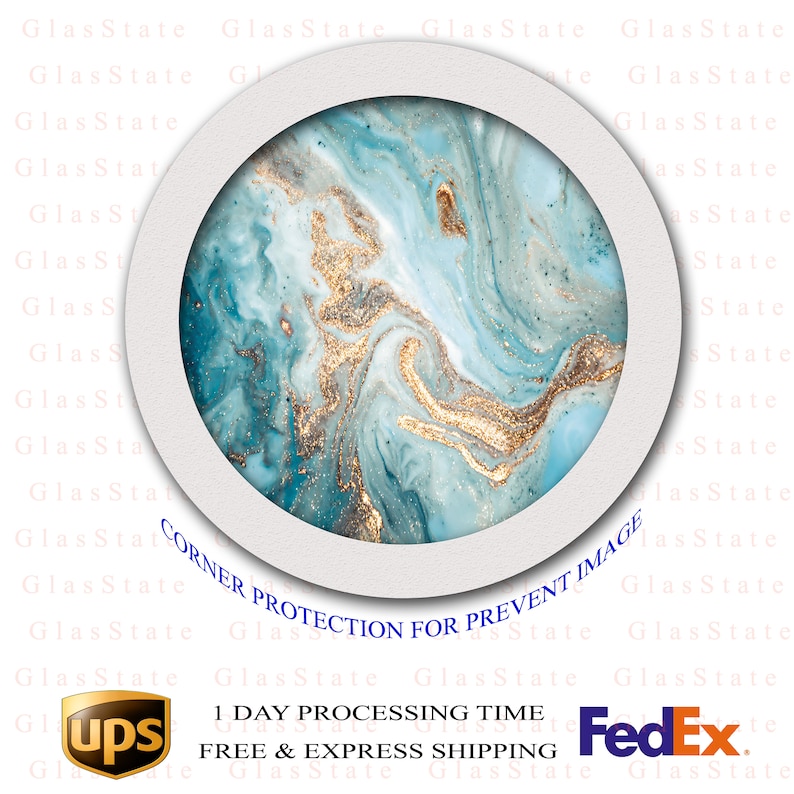 May include: A round, blue and gold abstract painting with swirling patterns. The painting is framed in a white circle.