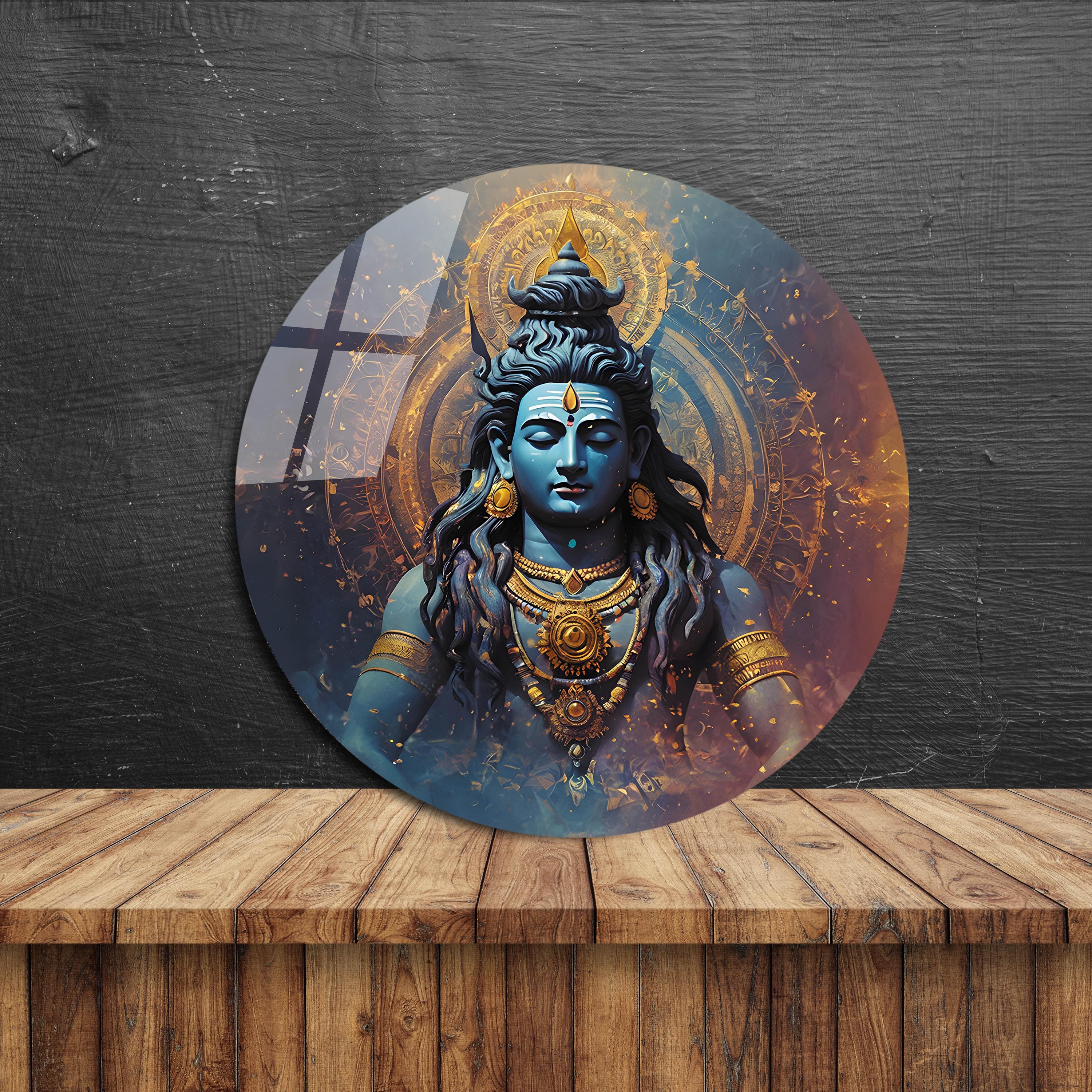 【 太陽神Dewa Iswara 】　曼荼羅　バリ仏画　額装　77×54ｃｍ Lord Shiva Glass Wall Art, Hindu God Tempered Glass Wall Decor