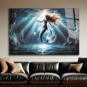 Mermaid Wall Art-Tempered Glass Wall Art-Mermaid Wall Hangings-Mermaid Framed Art-Mermaid in Water-Glass Printing-Glass Large Wall Art