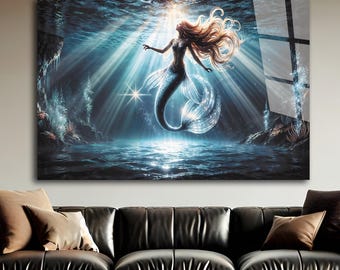 Mermaid Wall Art-Tempered Glass Wall Art-Mermaid Wall Hangings-Mermaid Framed Art-Mermaid in Water-Glass Printing-Glass Large Wall Art