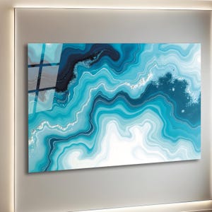 Art mural en verre Art en verre trempé océan, décoration murale vague de mer, grande oeuvre d&#39;art murale