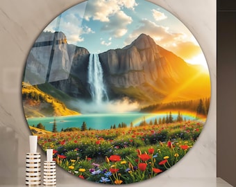 Tempered Glass Wall Art, Circle Mountain Waterfall Nature Glass Print, Landscape Valley Wildflowers Decor, Large Round Living Room Hanging