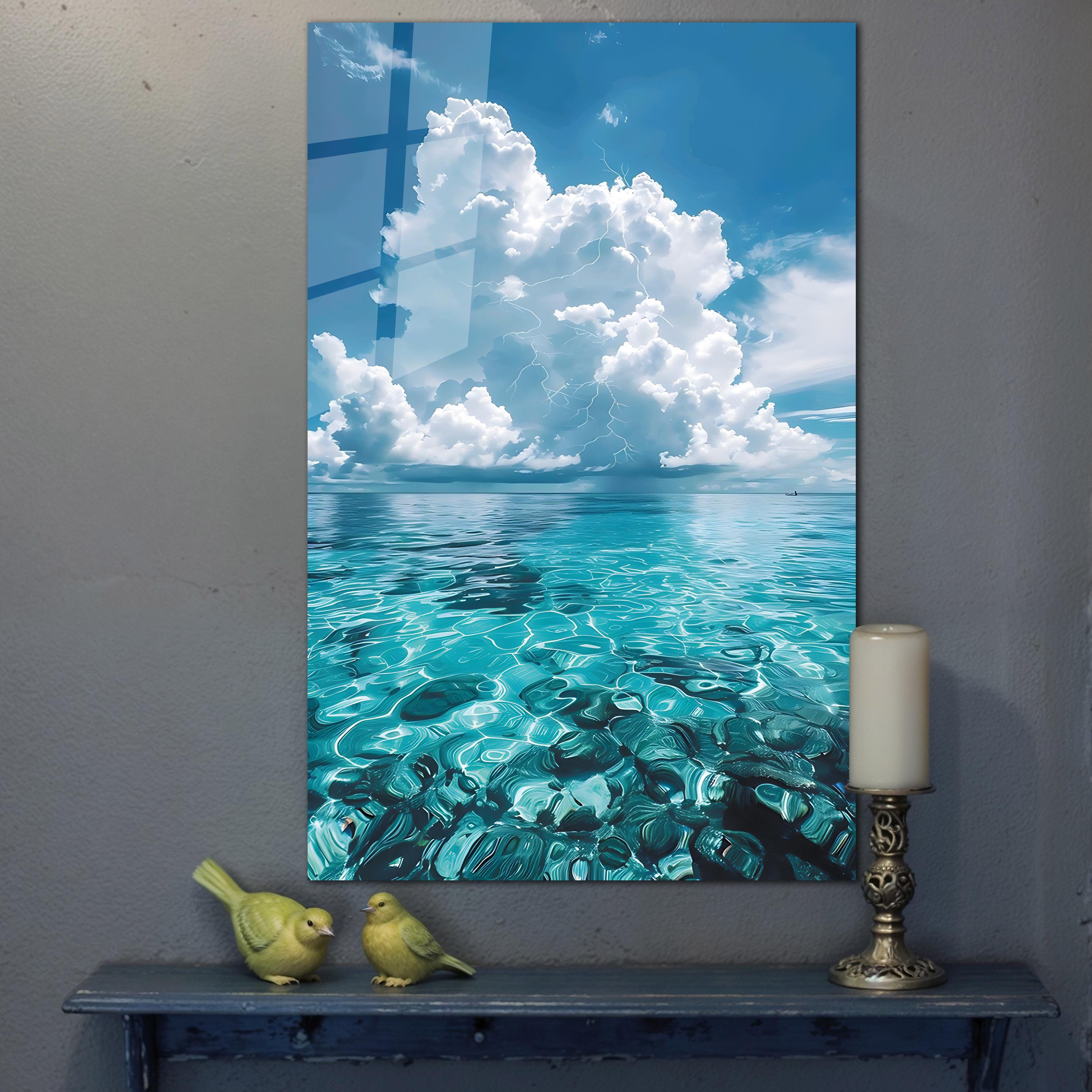 Glass Wall Art Ocean Tempered Glass Art Sea Wave Wall Hanging Blue
