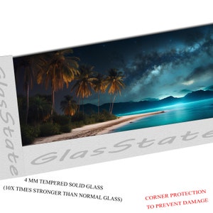 May include: A night scene with palm trees on a beach under a starry sky. The text "GlassState" is visible in the bottom right corner of the image. The text "4 MM TEMPERED SOLID GLASS (10X TIMES STRONGER THAN NORMAL GLASS)" is visible in the bottom left corner of the image. The text "CORNER PROTECTION TO PREVENT DAMAGE" is visible in the bottom right corner of the image.