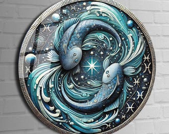 Tempered Glass wall art, Pisces Zodiac Sign, Horoscope Wall Art, Astrology Wall art, Stained Glass Art, Astrological Symbol, Circle Glass