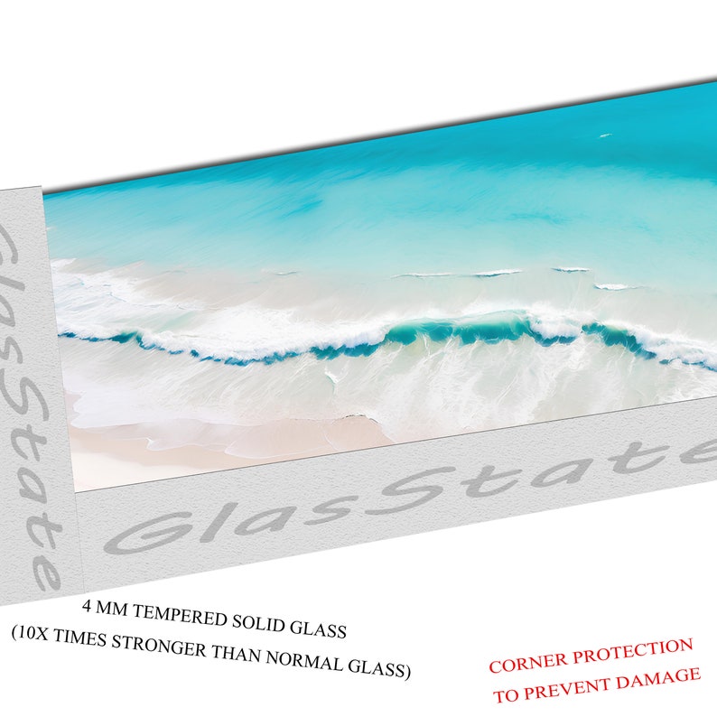 May include: A panoramic view of a beach with turquoise water and white waves crashing on the shore. The image is printed on a 4 mm tempered solid glass panel, which is 10 times stronger than normal glass. The glass panel has corner protection to prevent damage.
