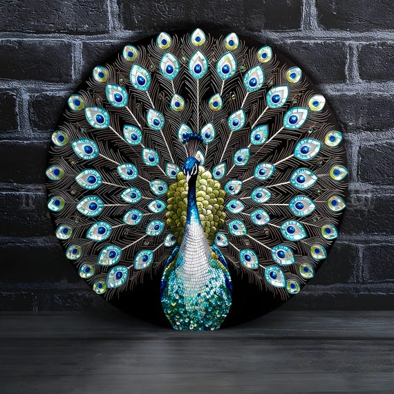 Tempered Glass Wall Art, Peacock Modern Golden Color Feather