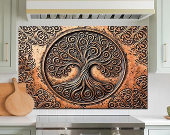 Tree of Life glazen backsplash, backsplash van gehard glas voor keuken, backsplash keuken achter fornuis, backsplash rustieke kachel, spatscherm