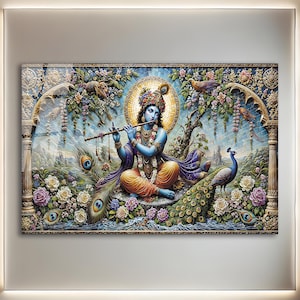 Arte de parede em vidro temperado com o deus hindu Krishna | Arte de parede com Krishna | Decoração de parede panorâmica | Decoração de parede abstrata | Presentes de inauguração de casa | Vidro para casa |