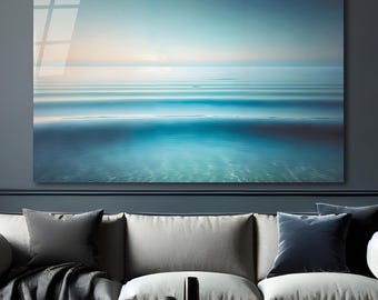 Glass Wall Art Ocean Tempered Glass Art Sea Wave Wall Hanging Blue Water Decor Large Wall Art