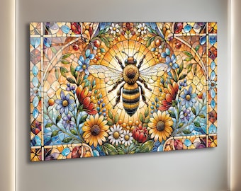 Stained Glass Wall Art, Bee Wall Art, Stained Glass Window Wall Hanging Art Deco Panel Gift Idea, Home Office Bee Glass Wall Art Decor
