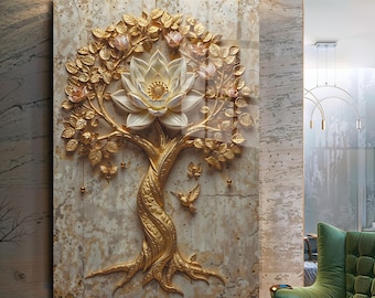 Golden Tree Tempered Glass Wall Art: Modern Home Decor