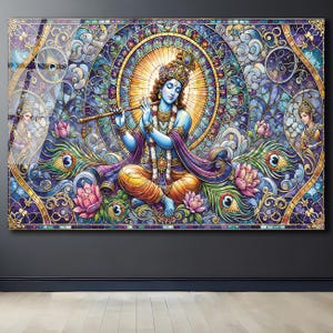 Arte de parede em vidro temperado com o deus hindu Krishna | Arte de parede com Krishna | Decoração de parede panorâmica | Decoração de parede abstrata | Presentes de inauguração de casa | Vidro para casa |