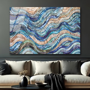 Glass Wall Art Ocean Tempered Glass Art Sea Wave Wall Hanging Blue Water Decor Large Wall Art