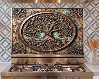 Tree of Life glazen backsplash, backsplash van gehard glas voor keuken, backsplash keuken achter fornuis, backsplash rustieke kachel, spatscherm