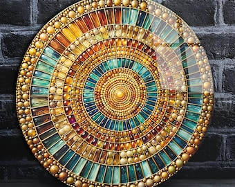 May include: A circular mosaic wall art piece with a gold, blue, and brown color scheme. The mosaic is made up of small, round beads and rectangular tiles arranged in a concentric circle pattern.