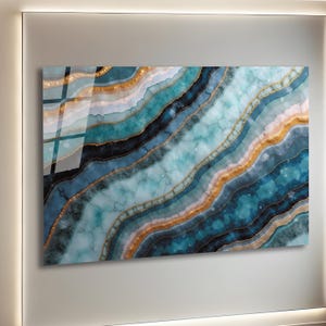Blue Gold Abstract Marble Tempered Glass Wall Art, Blue Gold Marble Glass Wall Decor, Abstract Marble Glass Wall Hanging, Ready to Hang