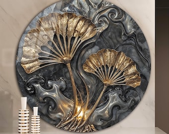Gold Ginkgo Biloba Leaves Glass Print, Round Tempered Glass Wall Art, Luxury Circle Botanical Wall Decor, Modern Living Room Wall Hanging