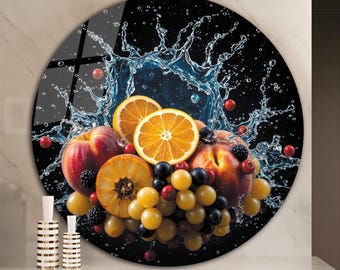 Circle Fresh Fruit Water Splash Glass Print, Round Tempered Glass Wall Art, Kitchen Dining Room Wall Decor, Large Round Food Wall Hanging