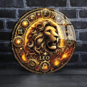 Sztuka ścienna ze szkła hartowanego, znak zodiaku Lew, sztuka ścienna z horoskopem, sztuka ścienna z astrologią, sztuka witrażowa, symbol astrologiczny, szkło okrągłe
