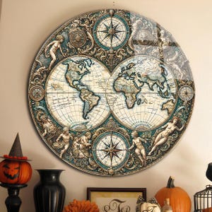 Arte de parede de vidro temperado, arte de mapa do velho mundo, impressão de vidro, arte de vidro redondo, arte de parede circular, decoração de parede de mapa antigo, arte de mapa antigo, presente para casa