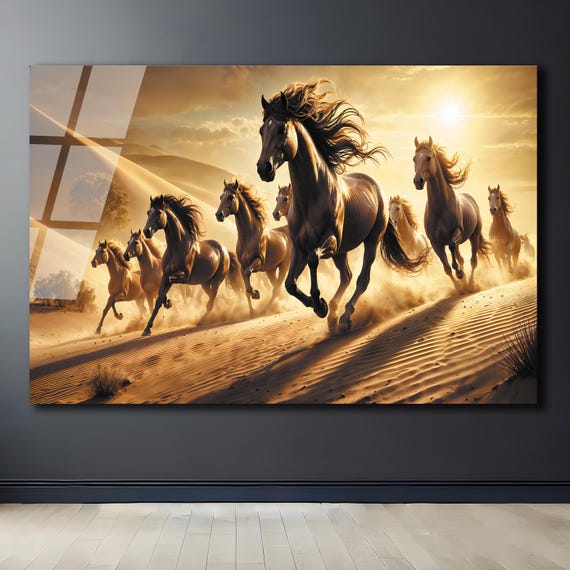 Lucky 7 Running Horses Glass Printing Wall Art - Tempered Glass