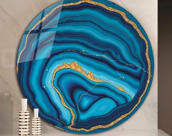 Blue Agate Gold Geode Round Tempered Glass Wall Art, Luxury Teal Marble Wall Decor, Large Round Living Room Bedroom Hanging