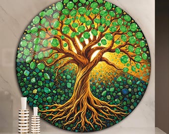 Green Stained Look Glass Tree of Life Print, Mosaic Style Jade Money Tree Decor, Living Room Office Hanging, Round Tempered Glass Wall Art