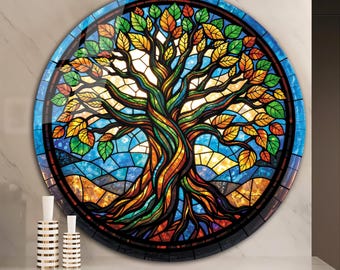 Stained Look Glass Tree of Life Print, Round Tempered Glass Wall Art, Mosaic View Nature Wall Decor, Large Round Living Room Bedroom Hanging