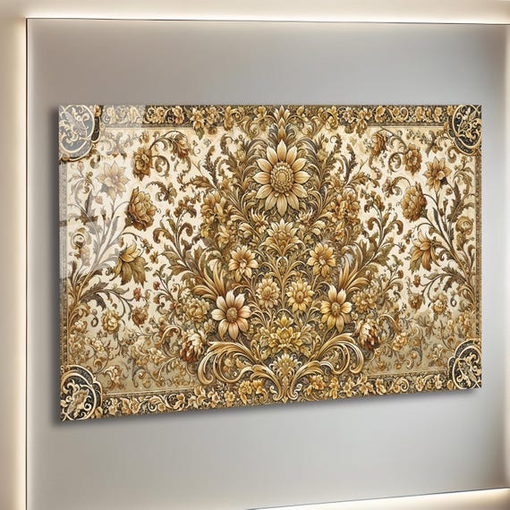 壁掛けアート 金色フレーム付き 約50×40cm トルコ模様強化ガラスアート｜エスニックタイルガラスアート｜壁掛け