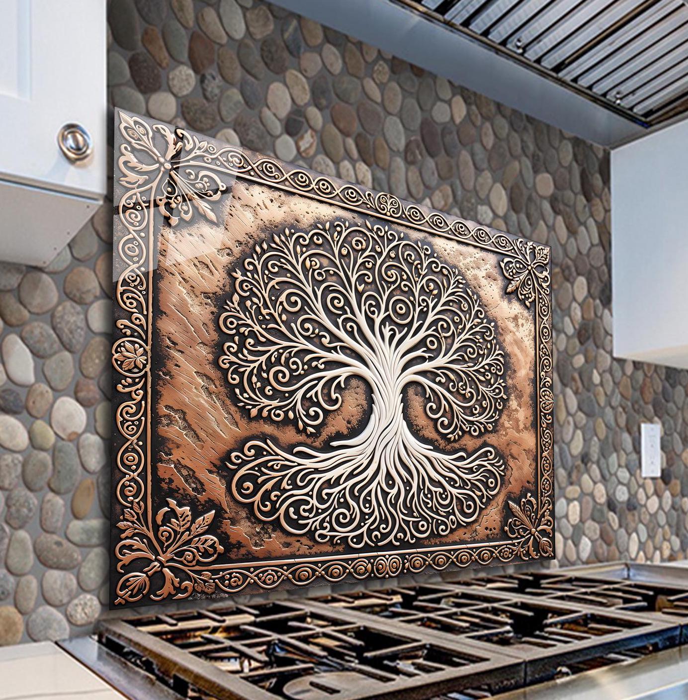 Copper Look Tree of Life Glass Backsplash, Tempered Glass Backsplash ...