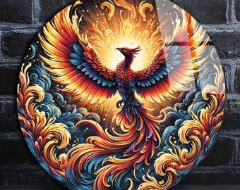 Phoenix Wall Art, Tempered Glass Wall Art, Glass Printing, Round Glass Art, Colorful Bird Art, Birds of Fantasy, Circle Glass Art, Home Gift