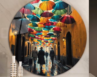 Colorful Umbrellas Street Glass Print, Round Tempered Glass Wall Art, European City Alley Wall Decor, Large Round Travel Cityscape Hanging