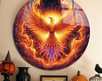 Phoenix Wall Art, Tempered Glass Wall Art, Glass Printing, Round Glass Art, Colorful Bird Art, Birds of Fantasy, Circle Glass Art, Home Gift