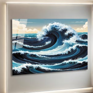 Art mural en verre Art en verre trempé océan, décoration murale vague de mer, grande oeuvre d&#39;art murale