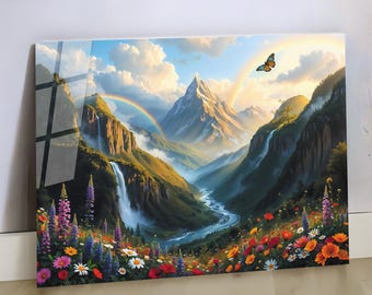 Tempered Glass Wall Art, Mountain Waterfall Rainbow Glass Print, Landscape Valley Wildflowers Decor, Large Horizontal Living Room Hanging