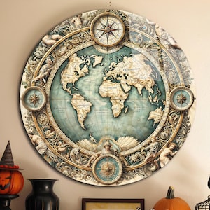Gehärtetes Glas Wandkunst, Alte Weltkarte Kunst, Glasdruck, Runde Glaskunst, Kreis Wandkunst, Alte Karte Wanddekoration, Alte Karte Kunstwerk, Geschenk für Zuhause