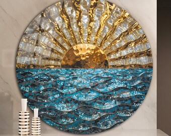 Mosaic Look Gold Sun Ocean Round Tempered Glass Wall Art, Sunset Sea Wall Decor, Large Round Living Room Beach House Hanging
